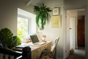 Comfortable desk space overlooking driveway, perfect for essential emails